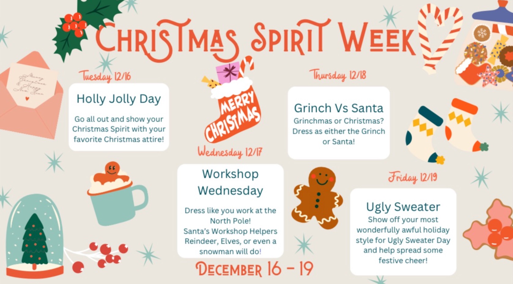 A graphic displays 'Christmas Spirit Week' with daily themes from December 16-19.