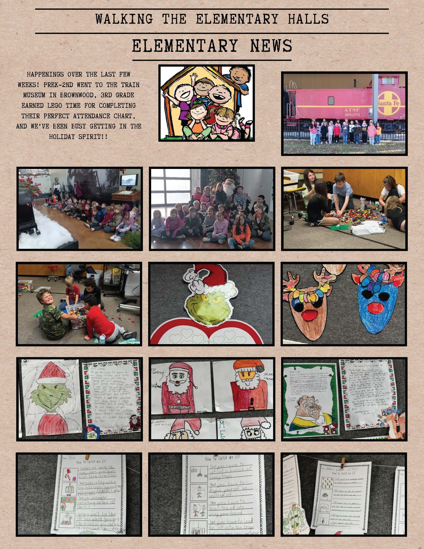 Elementary school students are celebrated for achievements like perfect attendance and a trip to a train museum, with holiday spirit evident.