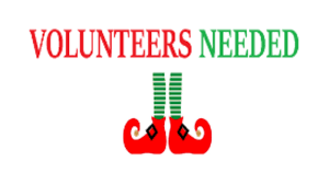 Text reads 'VOLUNTEERS NEEDED' above a graphic of elf legs.