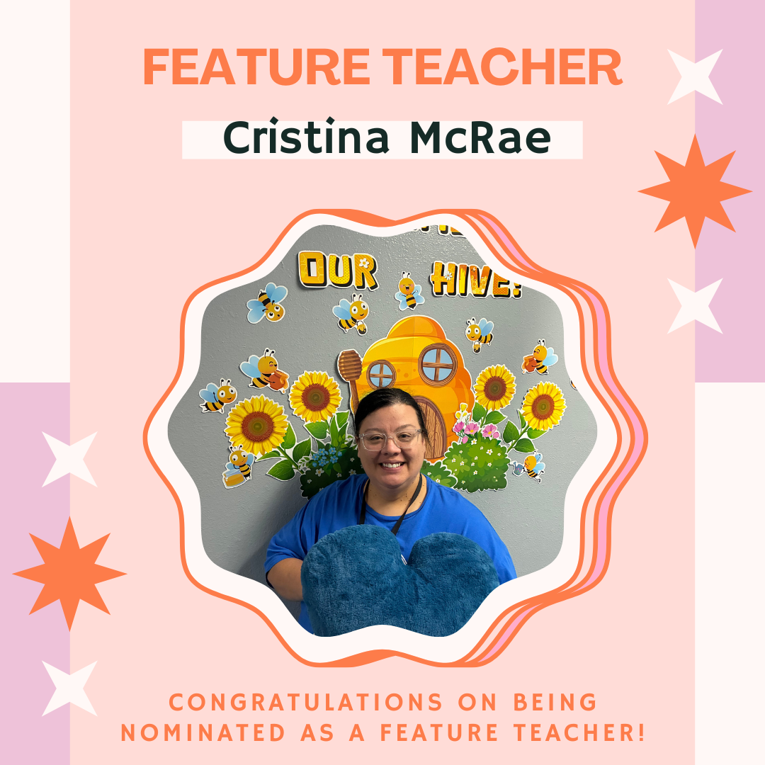 A smiling woman, Cristina McRae, is featured with a bee-themed classroom decoration.