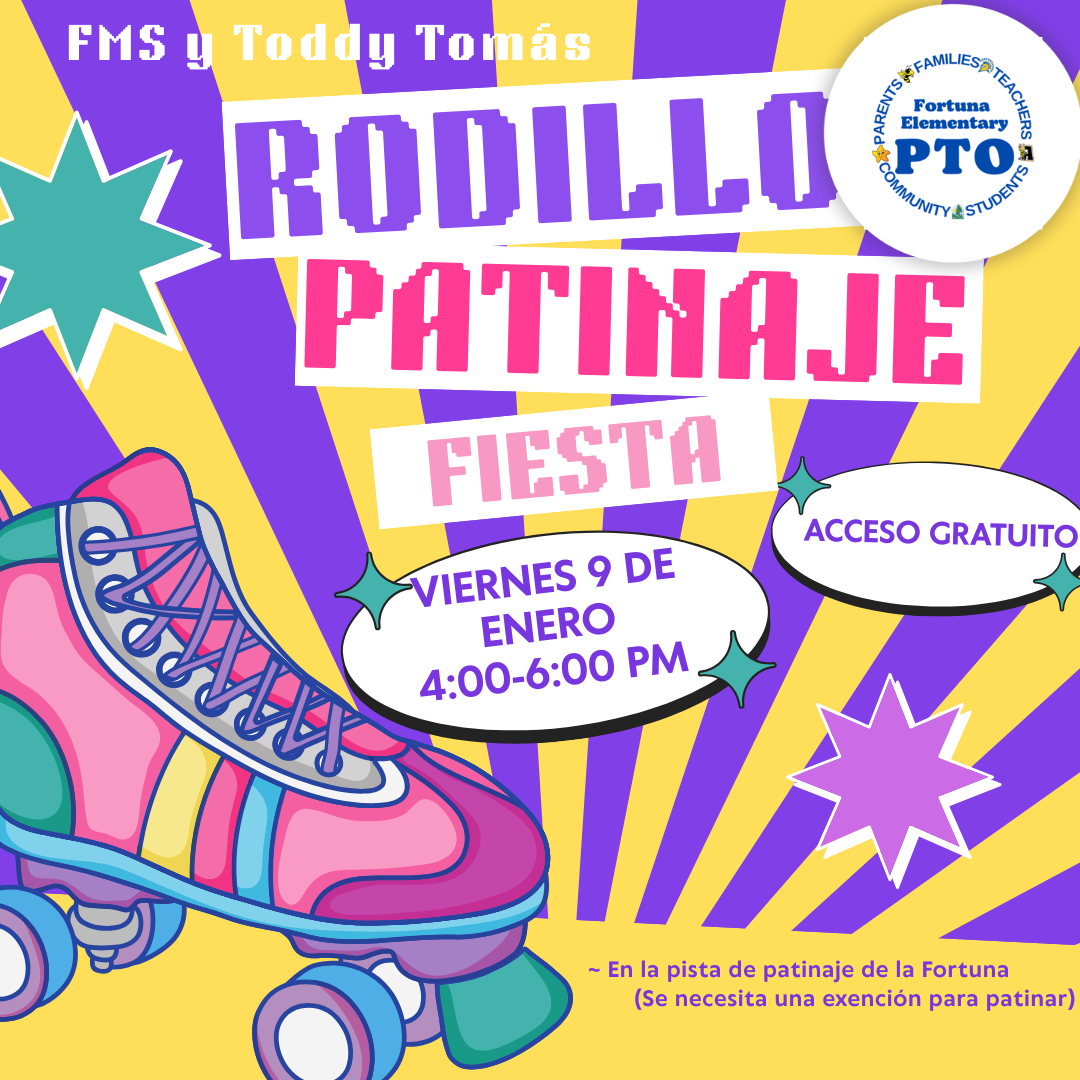 A colorful flyer announces a 'Rodillo Patinaje Fiesta' (Roller Skating Party) with a retro roller skate illustration.