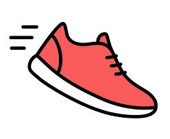 A stylized red sneaker with black laces, depicted in motion with speed lines.