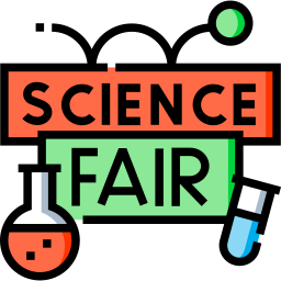A graphic illustration with the words "SCIENCE FAIR" in bold letters, featuring lab equipment.