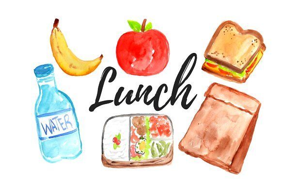 A watercolor illustration of a healthy lunch spread with a sandwich, bento box, apple, banana, and water bottle.