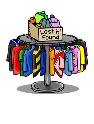 A circular rack displays a variety of colorful shirts and jackets, with a 'Lost n' Found' box on top.