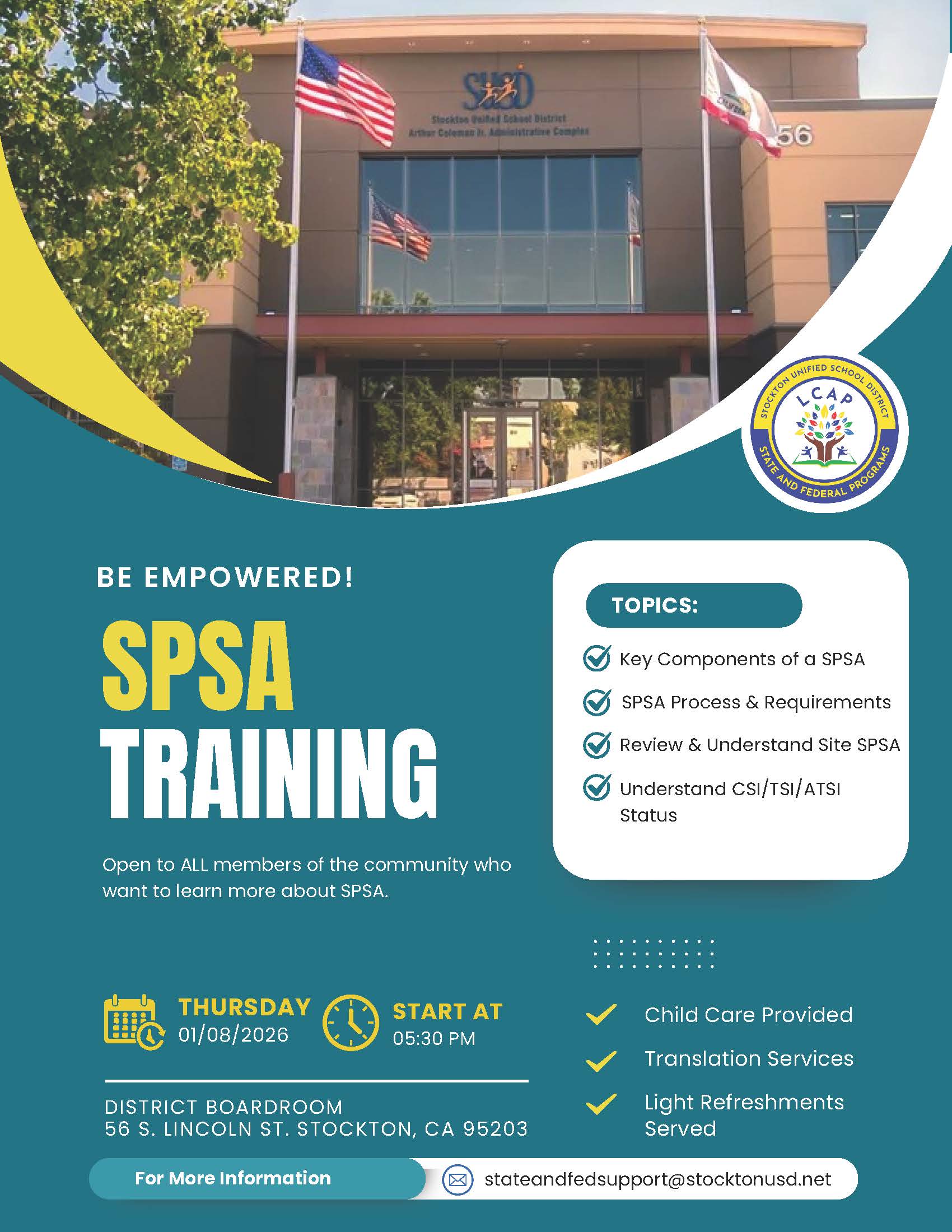Poster announcing SPSA Training on Thursday, January 8, 2026, at 5:30 PM in the Stockton Unified School District Boardroom.