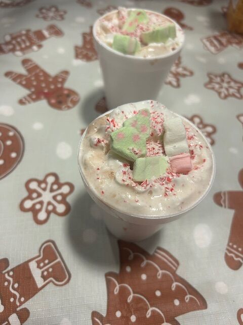 Two festive drinks topped with whipped cream, marshmallows, and crushed candy canes.