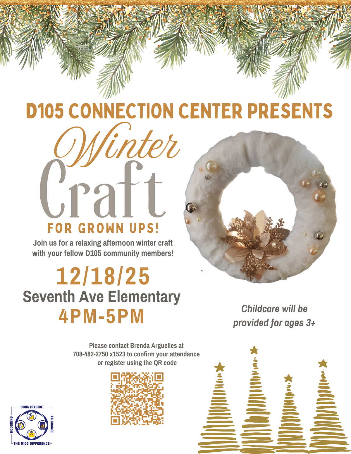 Poster for a 'Winter Craft for Grown Ups!' event hosted by D105 Connection Center, featuring a decorated wreath.