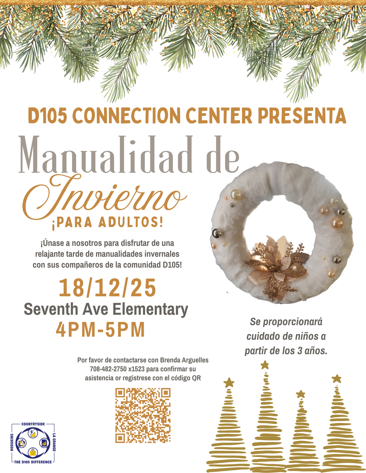 Poster for a winter craft event for adults presented by D105 Connection Center, featuring a fluffy white wreath.