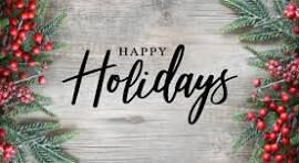 A festive "Happy Holidays" message is displayed on a rustic wooden background, framed by evergreen branches and red berries.