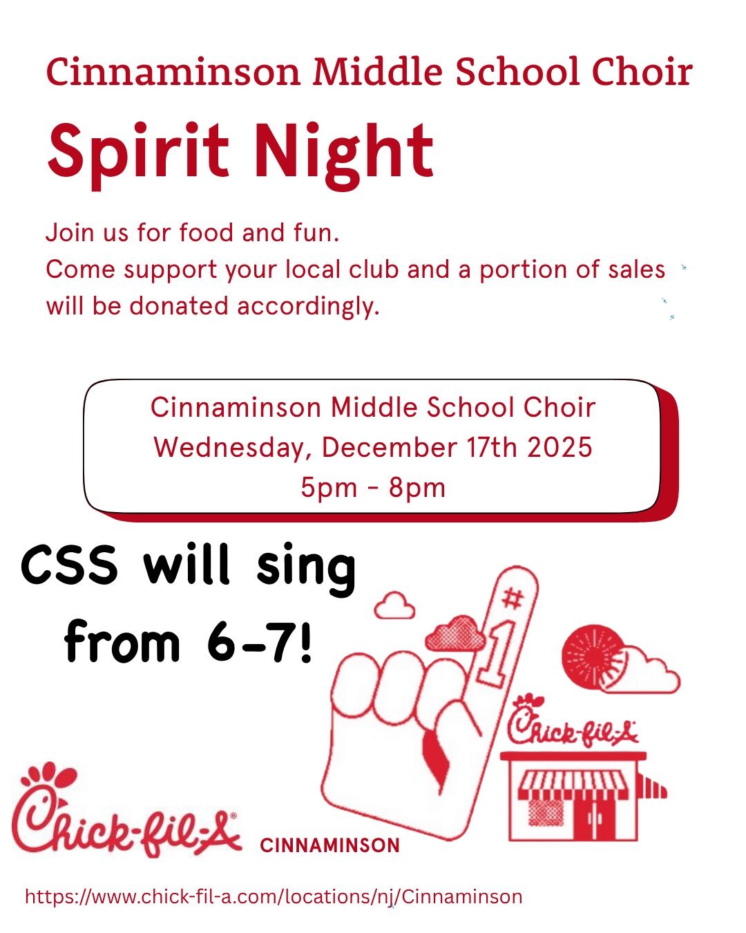 Poster for Cinnaminson Middle School Choir Spirit Night at Chick-fil-A on December 17th, 2025.