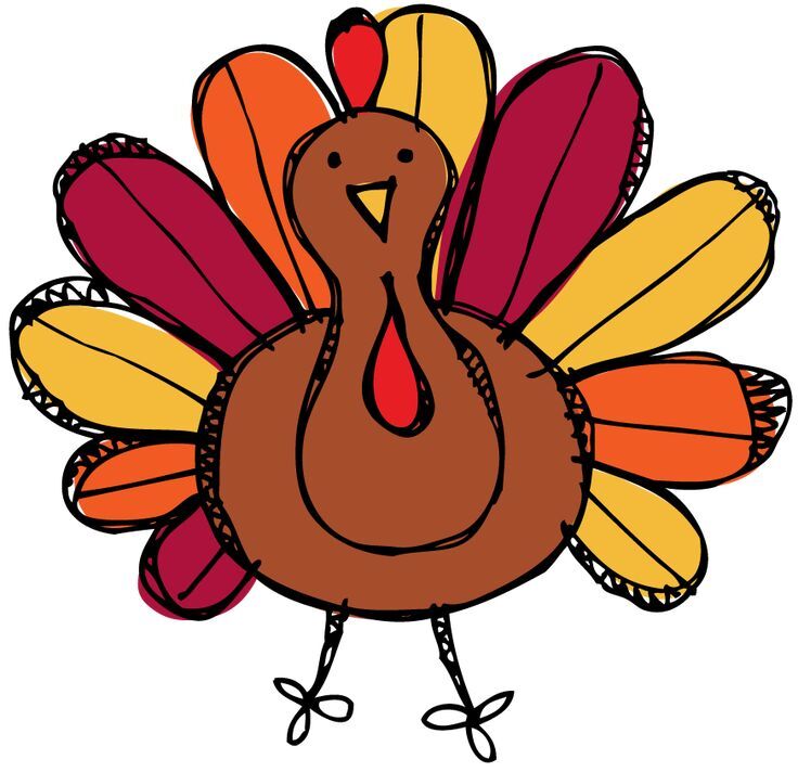A cartoon turkey with colorful fanned tail feathers and a red wattle.