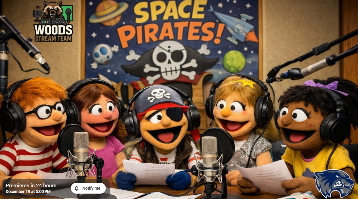 Five puppets wearing headphones and pirate-themed attire record a podcast titled "SPACE PIRATES!".