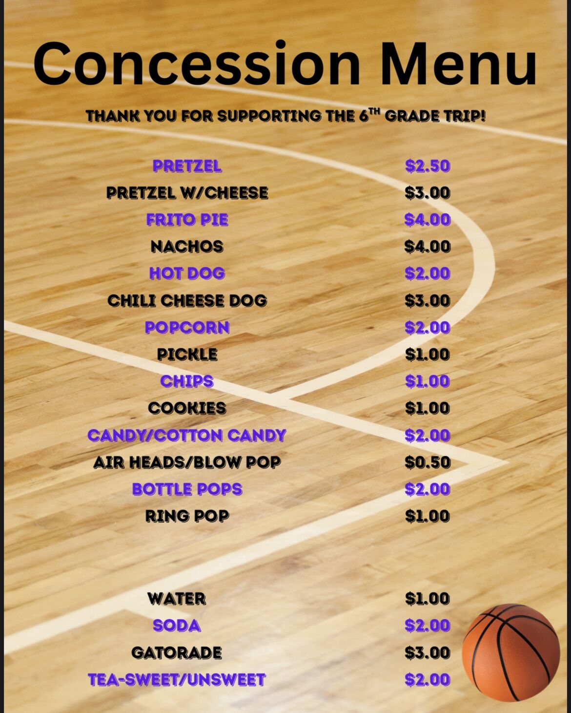 Concession menu for a 6th-grade trip, featuring snacks like pretzels, hot dogs, and candy, with prices listed.