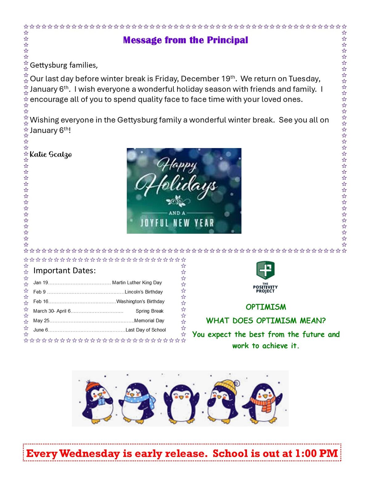 A message from the Principal of Gettysburg schools, announcing the last day before winter break and wishing families happy holidays.