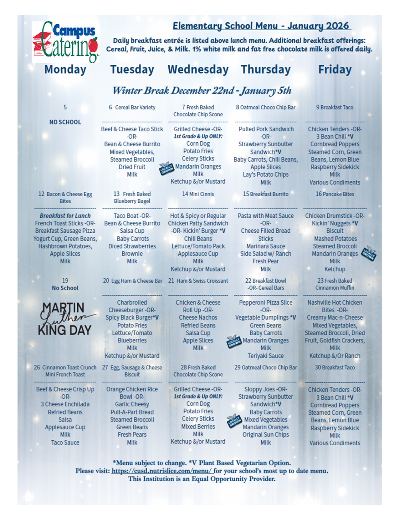 Elementary School Menu for January 2026, detailing daily breakfast and lunch offerings from Monday to Friday.