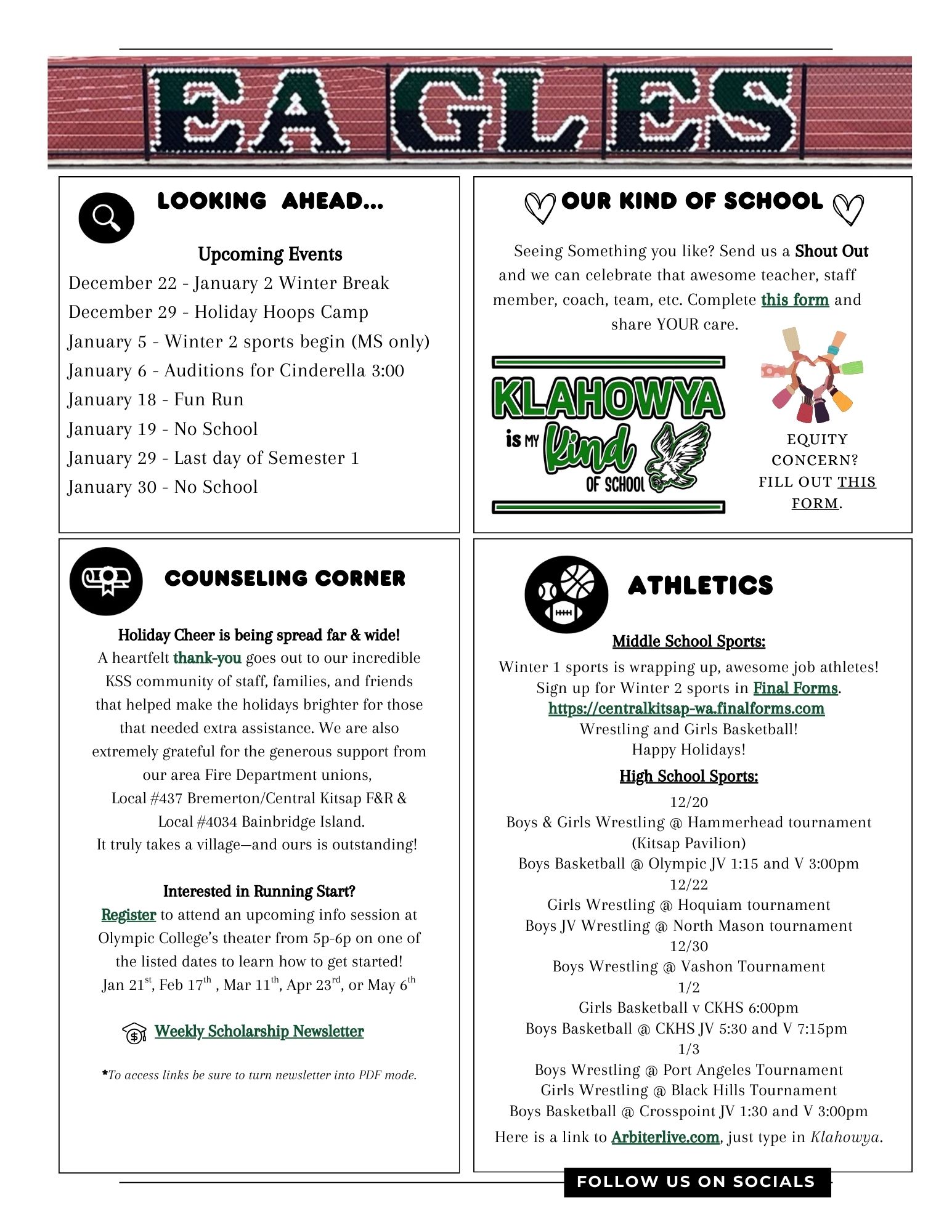 A school newsletter featuring upcoming events, a counseling corner, and athletics schedules.