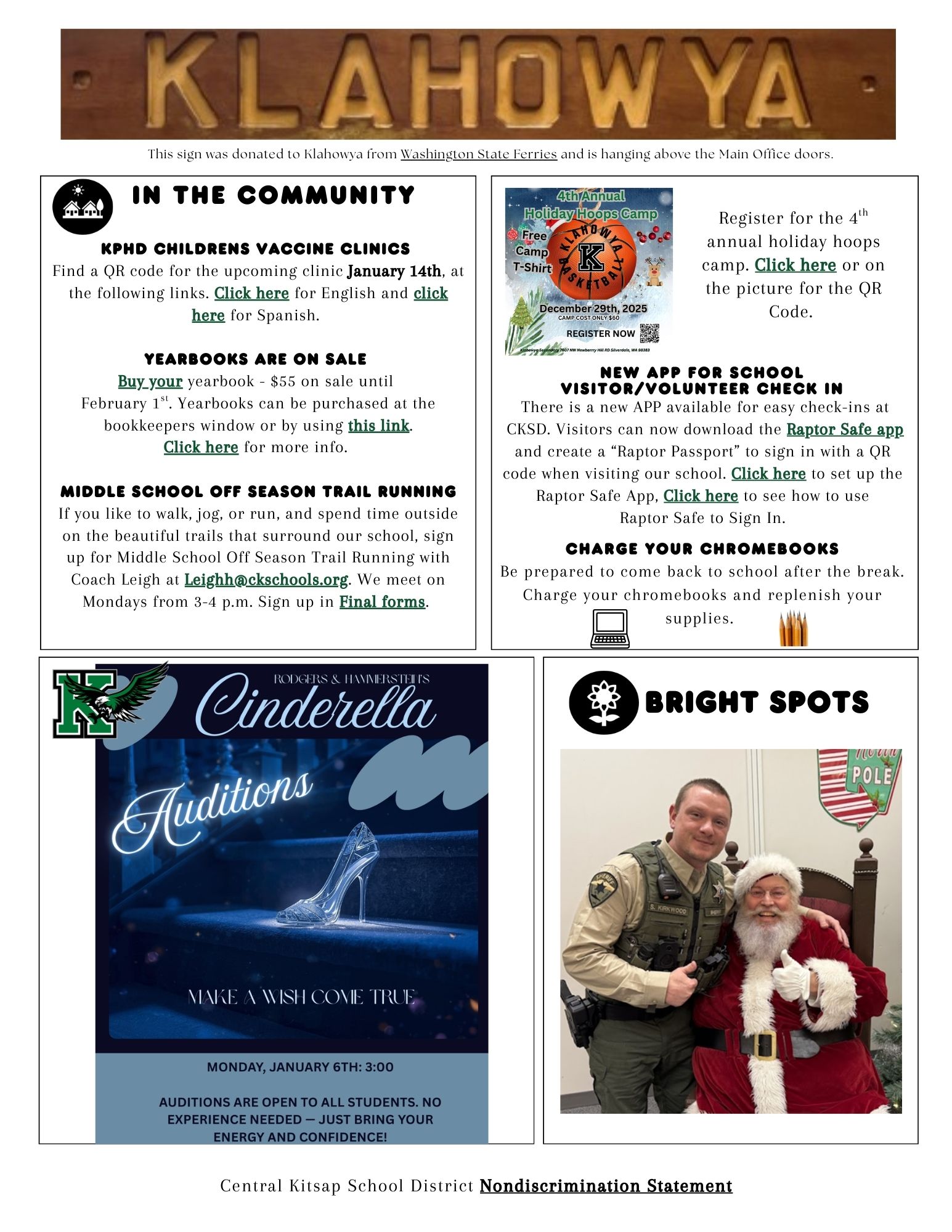 A sign reads 'KLAHOWYA' and is accompanied by community announcements for vaccine clinics, yearbooks, and trail running.