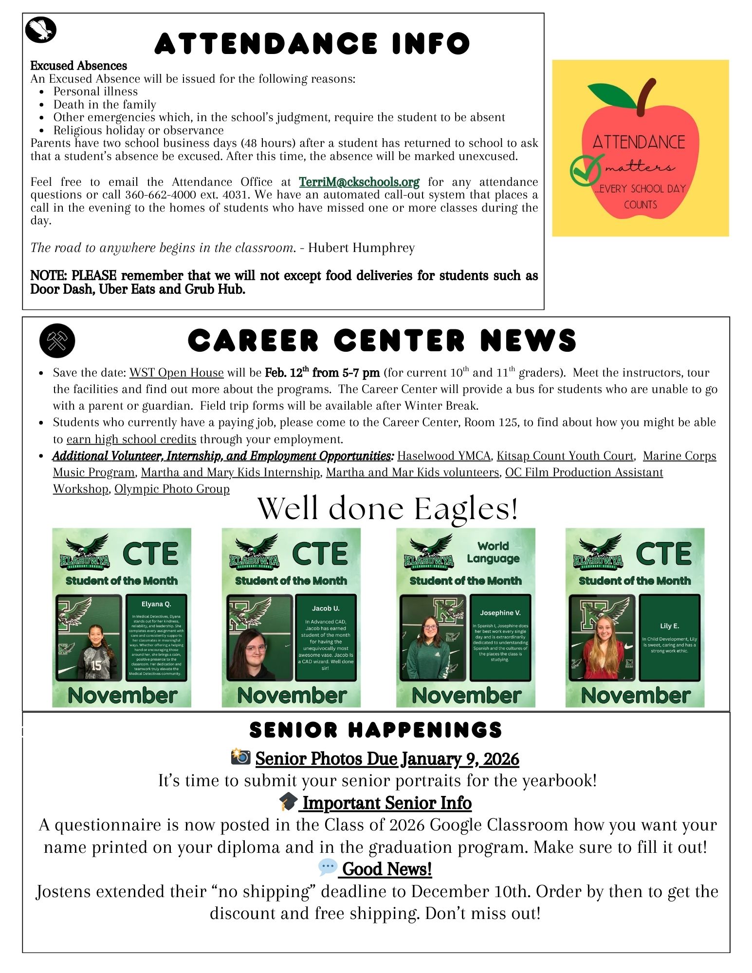 School newsletter with sections on attendance, career center news, student of the month awards, and senior happenings.