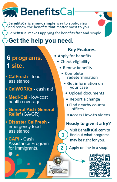 BenefitsCal logo and text explaining how to apply for and renew benefits.