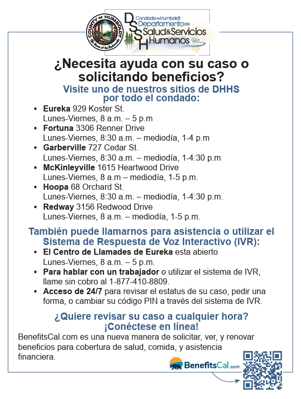 Humboldt County DHHS flyer listing office locations and hours for benefit assistance.