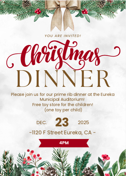 Invitation for a Christmas Dinner on December 23, 2025, at 4 PM in Eureka, CA.
