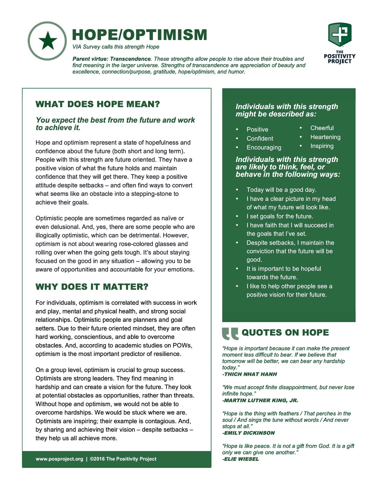 A document titled 'HOPE/OPTIMISM' from The Positivity Project, defining hope and its importance.