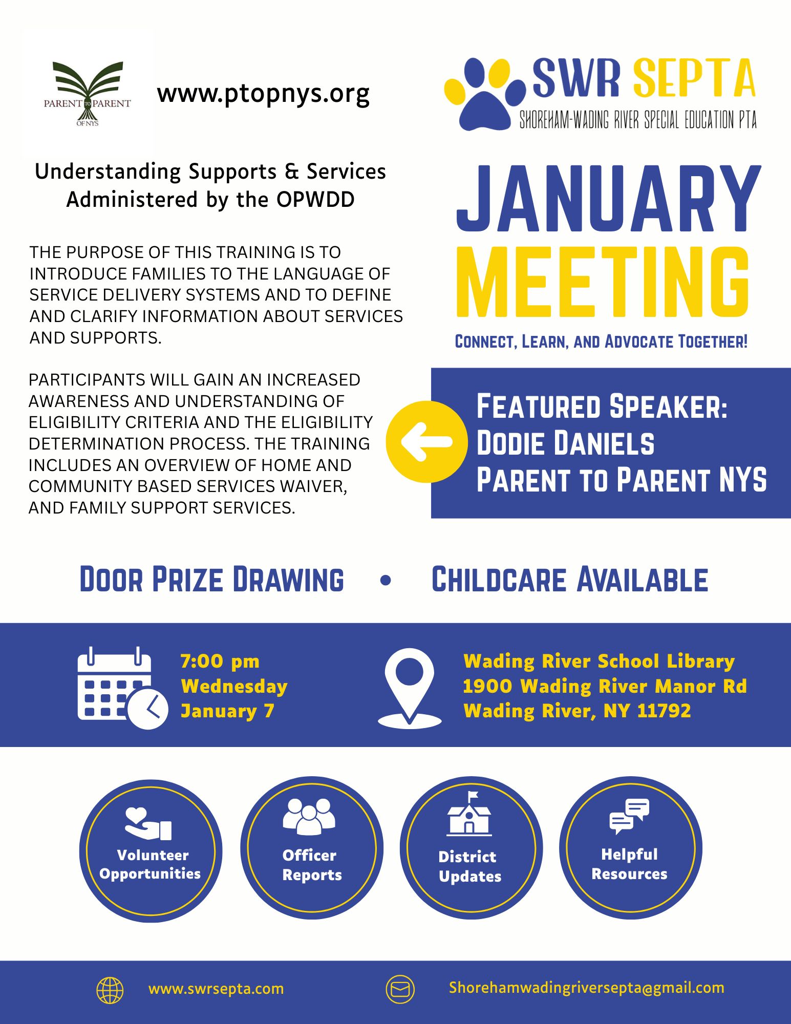 SWR SEPTA January Meeting flyer with details on understanding OPWDD services, featured speaker Dodie Daniels, and event logistics.