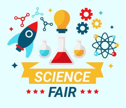 Illustration of science fair elements: rocket, lightbulb, beakers, gears, and atomic model.