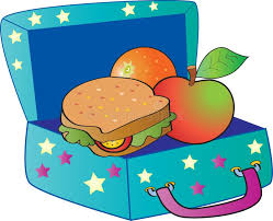 An open blue lunchbox filled with a sandwich, apple, and orange.