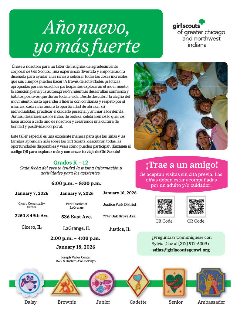Girl Scouts event flyer with Spanish text 'Año nuevo, yo más fuerte' and images of girls and badges.