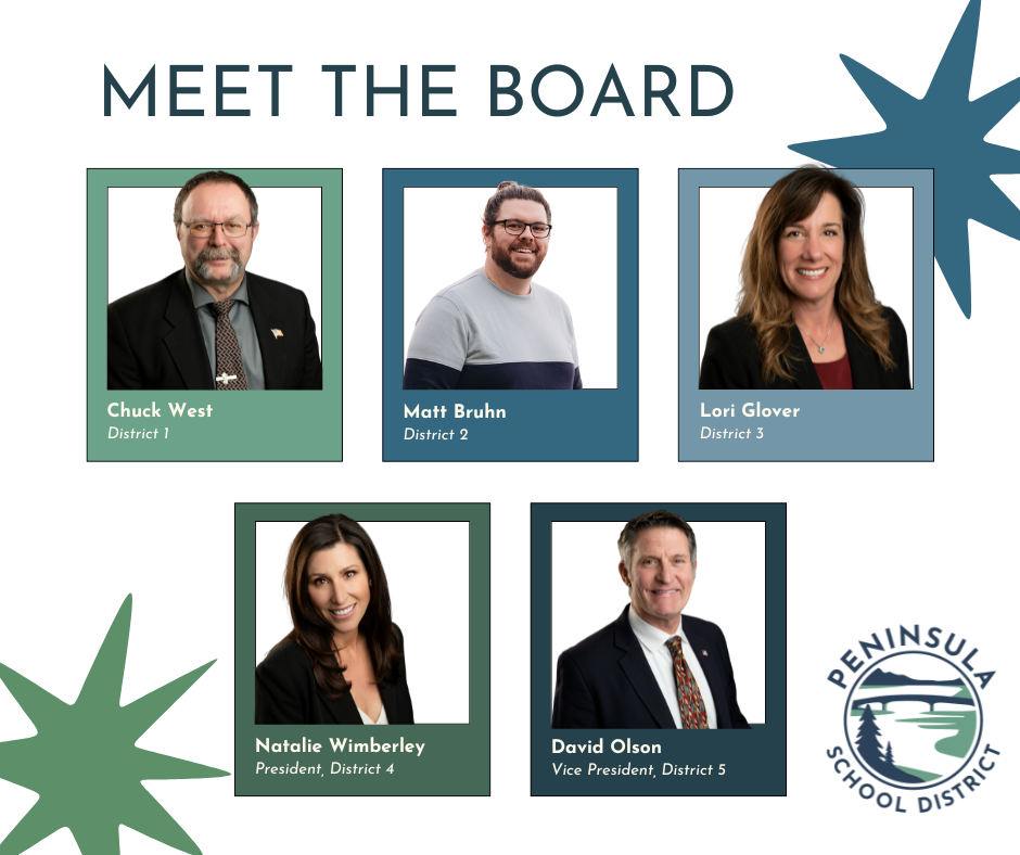 Meet the Board: Chuck West (District 1), Matt Bruhn (District 2), Lori Glover (District 3), Natalie Wimberley (President, District 4), and David Olson (Vice President, District 5).