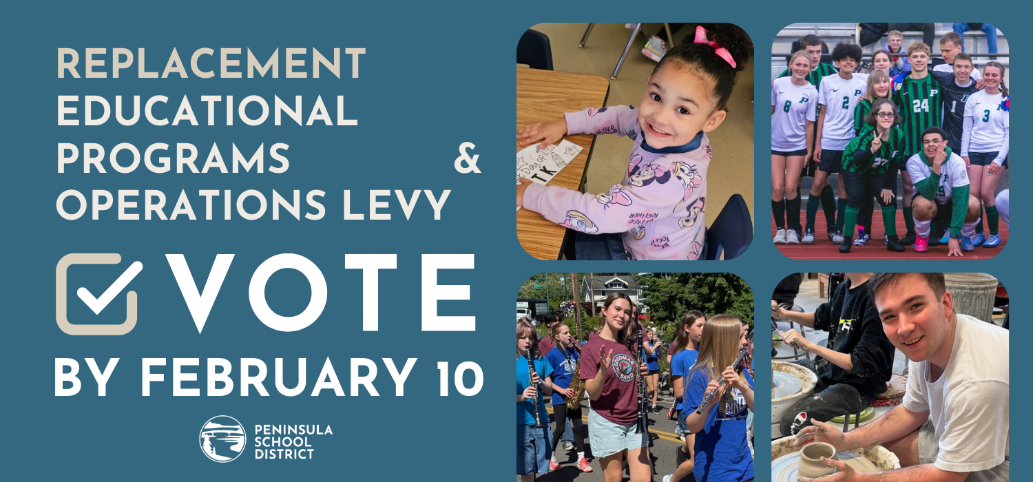 Image promoting the Peninsula School District's Replacement Educational Programs & Operations Levy, urging to vote by February 10.