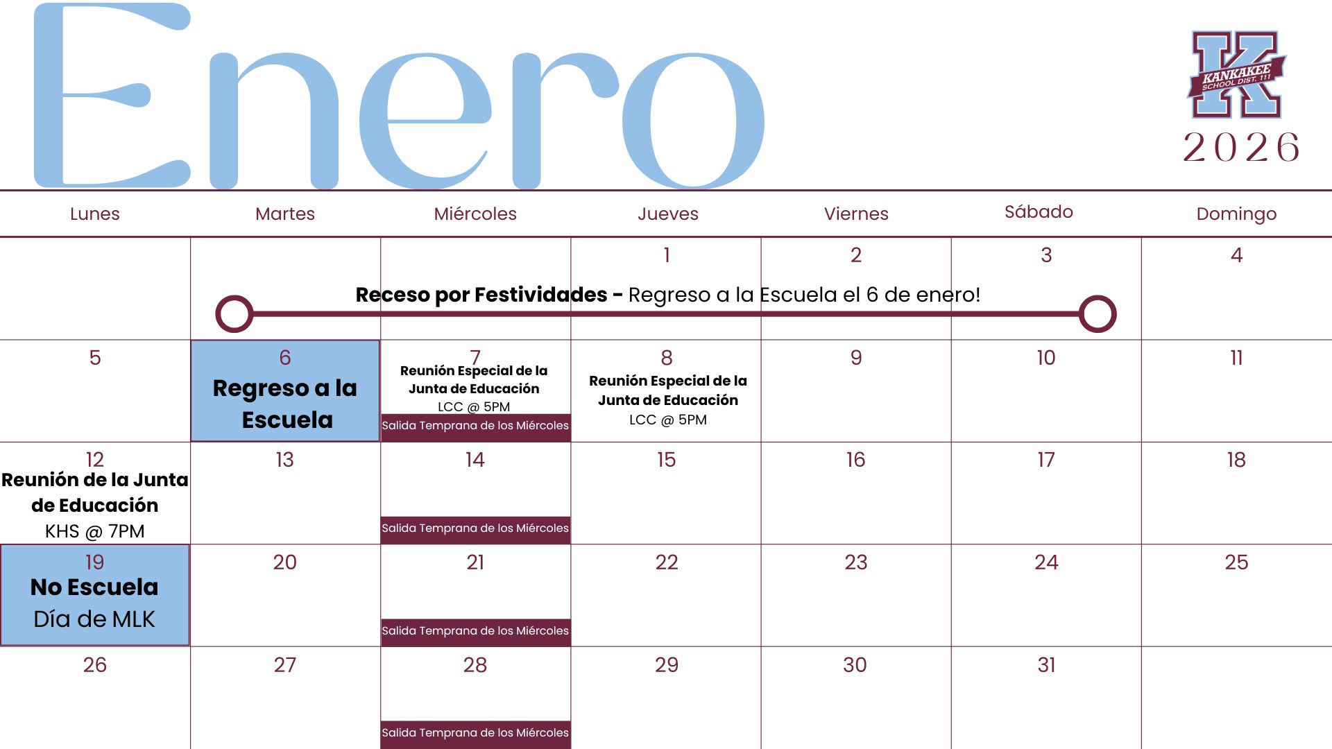 A January 2026 calendar shows school events and holidays, with 'Enero' at the top.