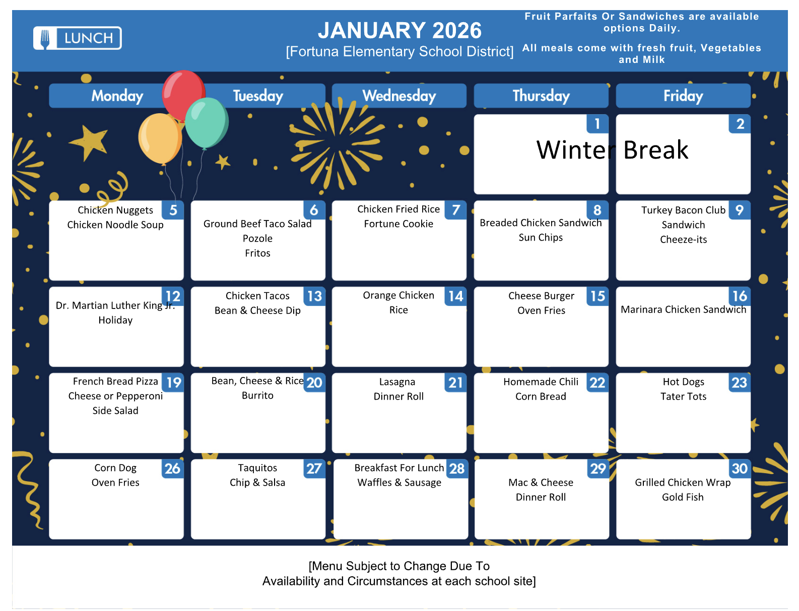 January 2026 lunch menu for Fortuna Elementary School District with daily meal options.
