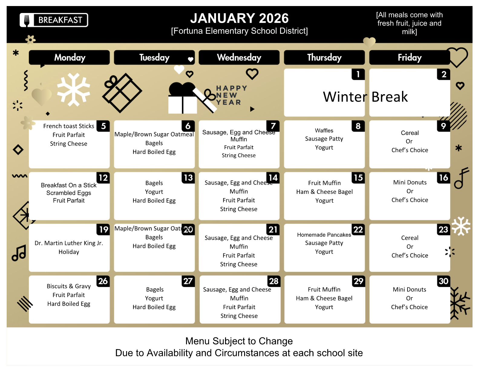 January 2026 breakfast menu for Fortuna Elementary School District, showing daily meal options.