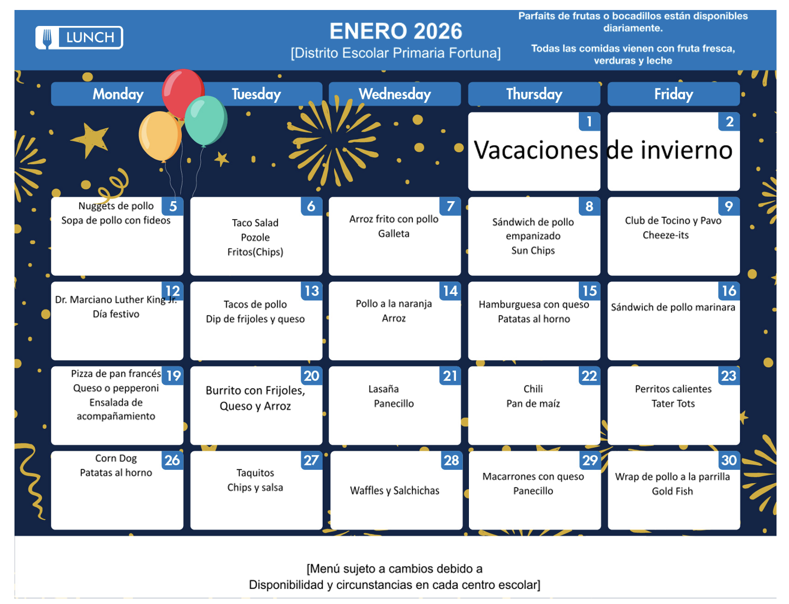 A January 2026 school lunch menu for Fortuna Elementary School, featuring daily meal options.