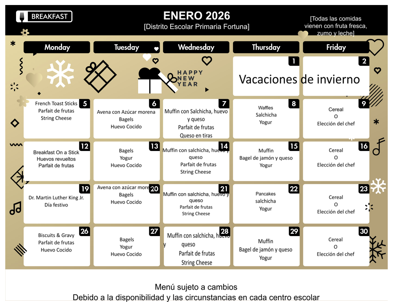 A January 2026 school breakfast menu with daily meal options listed by day of the week.