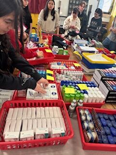 Students organize and sort various items in red and blue plastic baskets.