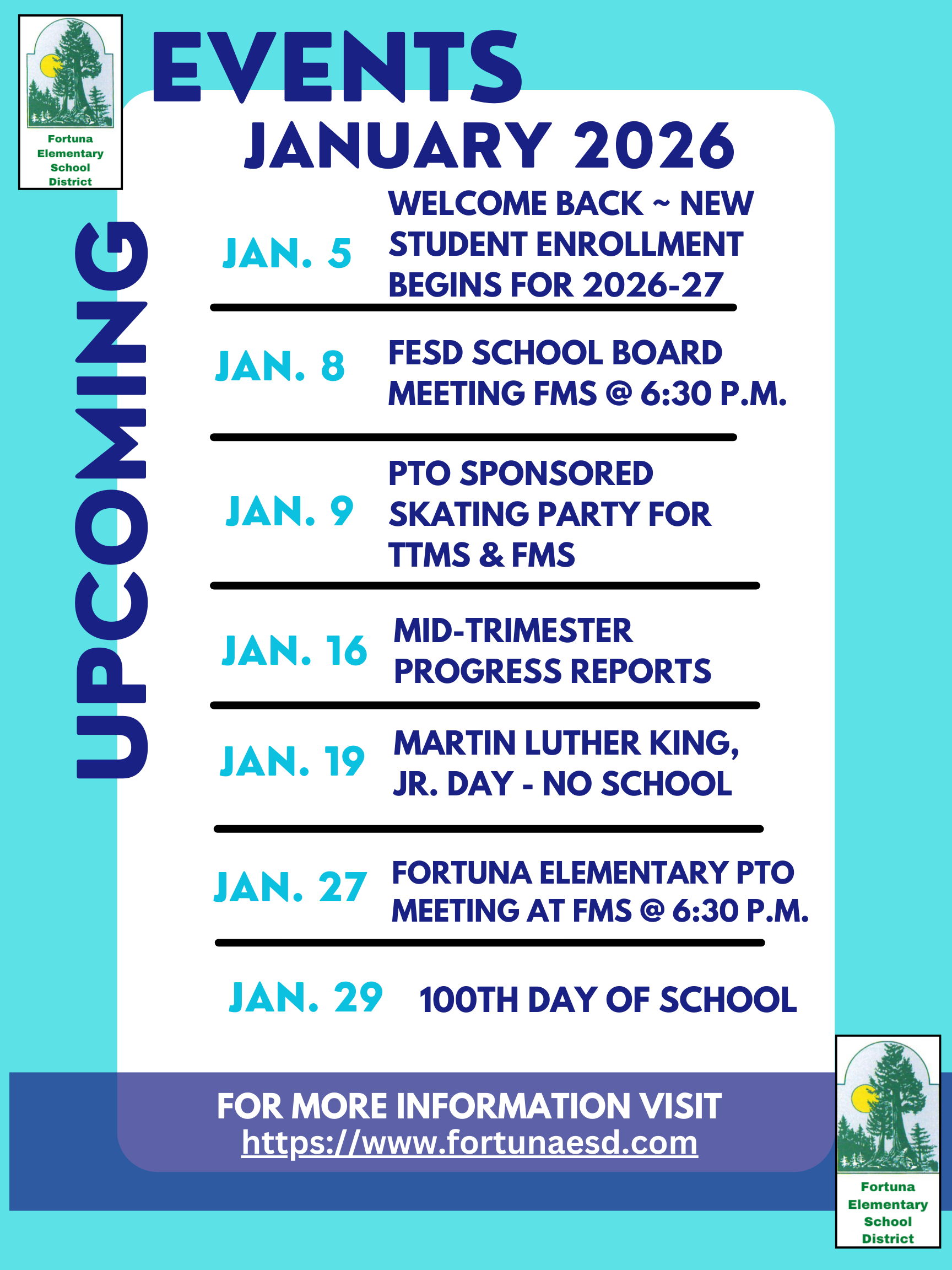 Fortuna Elementary School District's January 2026 upcoming events calendar.