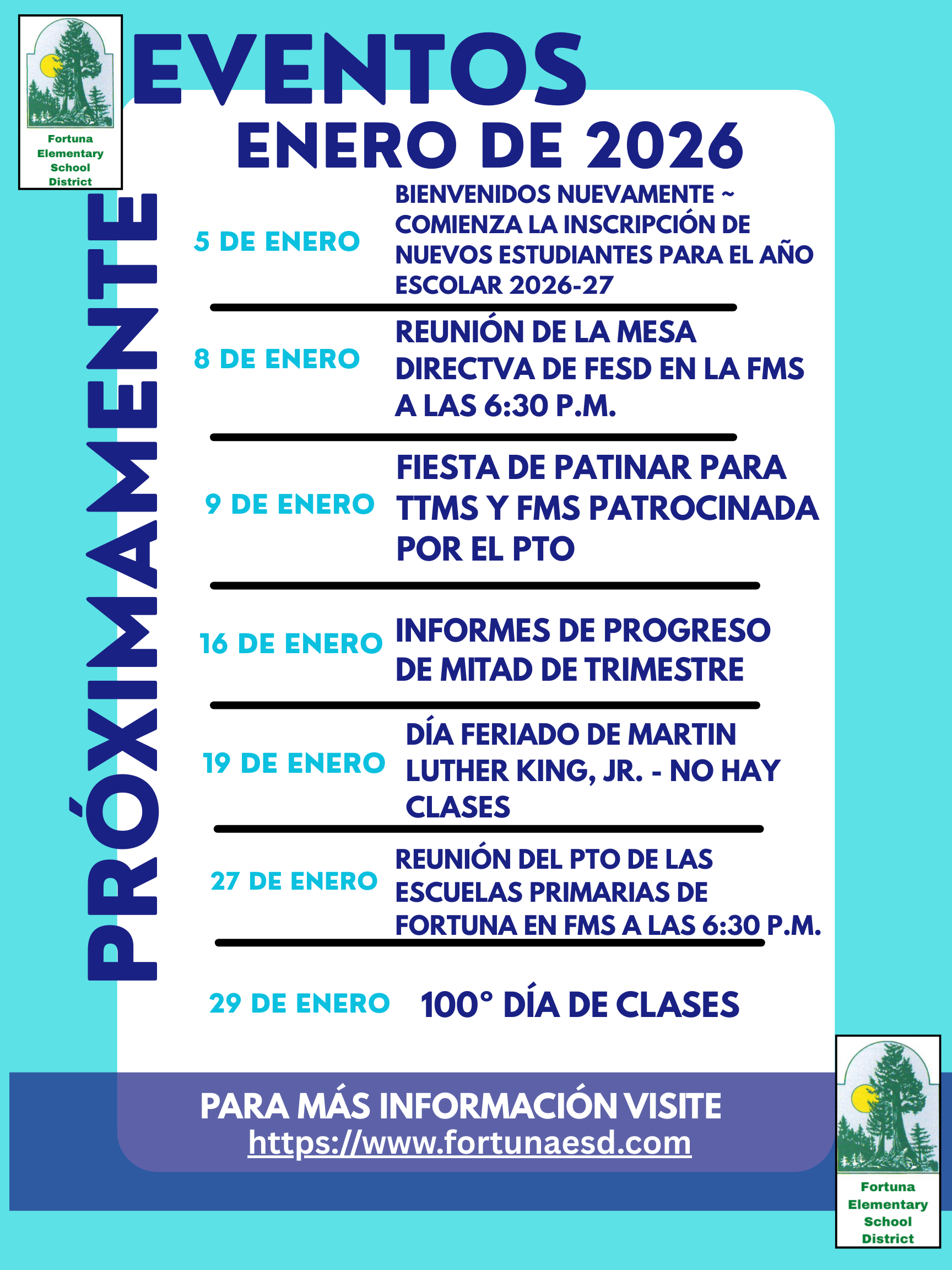 Fortuna Elementary School District announces upcoming events for January 2026, including registration and meetings.