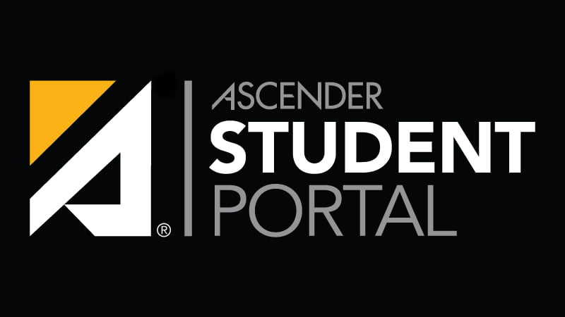 The Ascender Student Portal logo features a stylized 'A' with a yellow triangle and white shape, next to the text 'ASCENDER STUDENT PORTAL'.