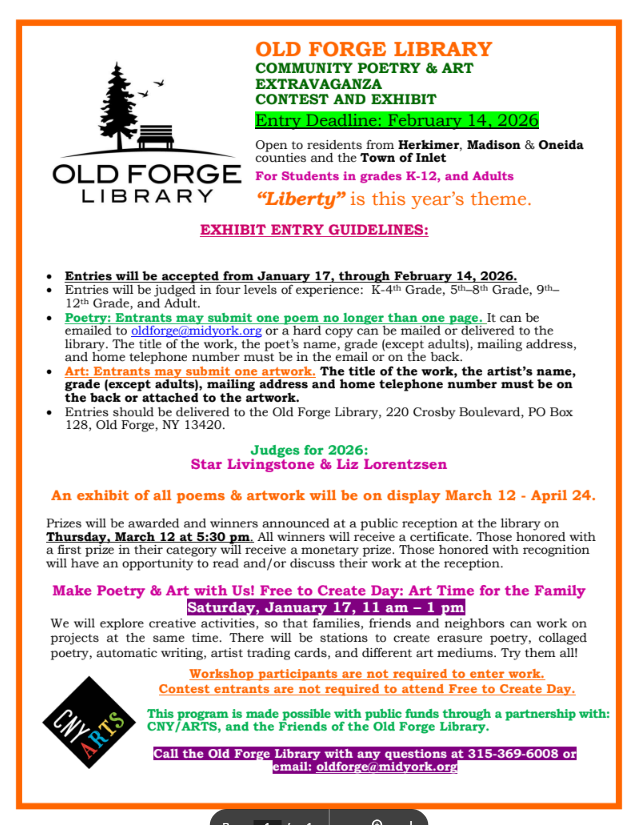 Poster for Old Forge Library's Community Poetry & Art Extravaganza Contest and Exhibit with theme 'Liberty'.
