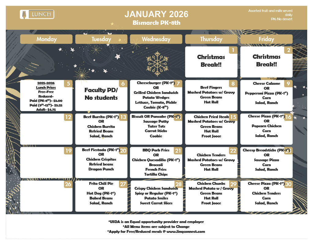 January 2026 lunch menu for Bismarck PK-8th, showing daily meal options and prices.