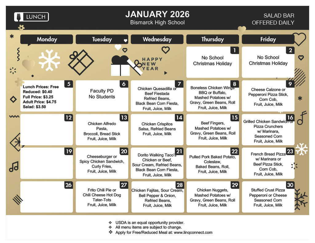 January 2026 lunch menu for Bismarck High School, featuring daily meal options and prices.