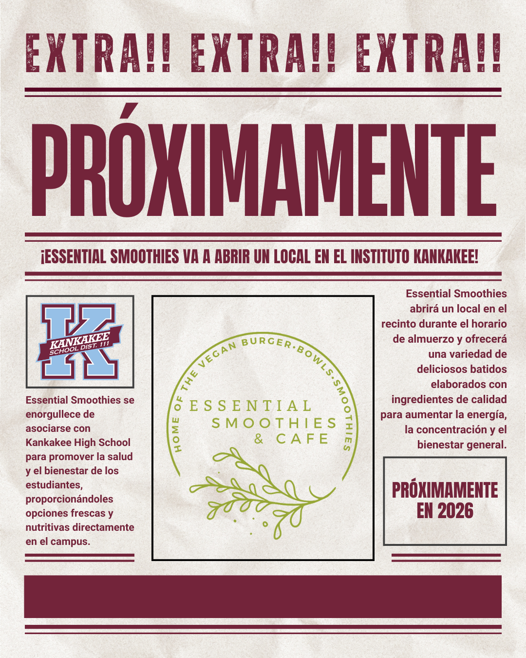 Announcement of Essential Smoothies opening a location at Kankakee Institute in 2026.