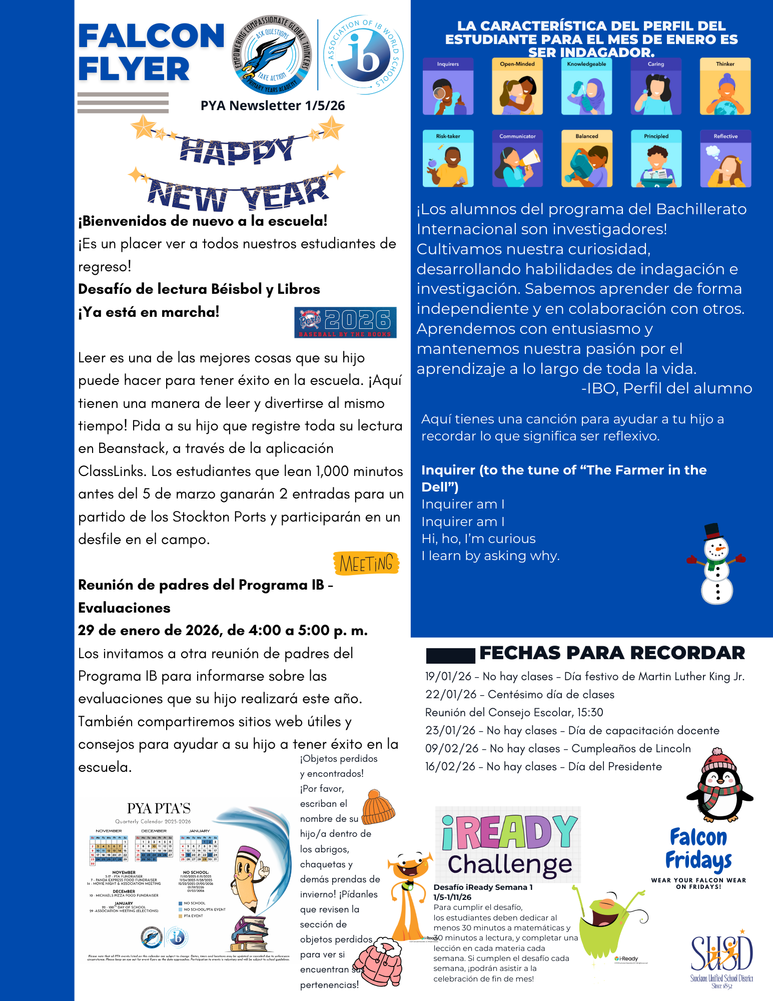 A flyer for PYA Newsletter 1/5/26 announces a Happy New Year and details upcoming events like a reading challenge and parent meeting.