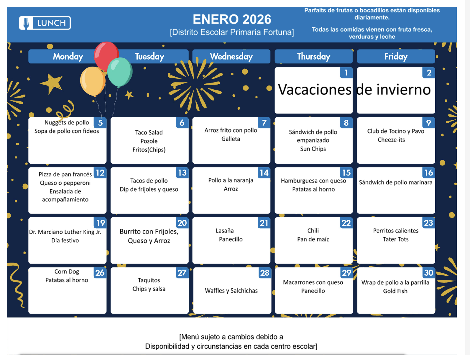 A January 2026 school lunch menu for Distrito Escolar Primaria Fortuna, featuring daily meal options.
