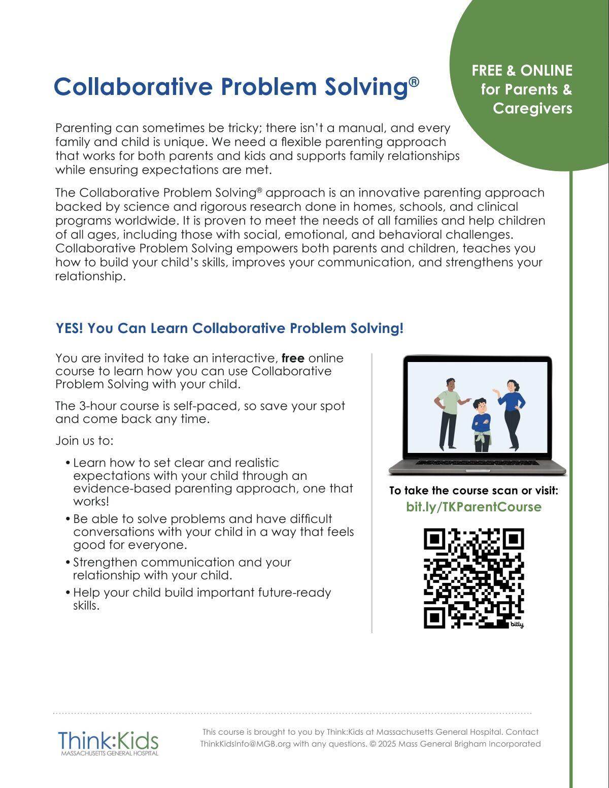 A flyer advertises a free online course on Collaborative Problem Solving for parents and caregivers.