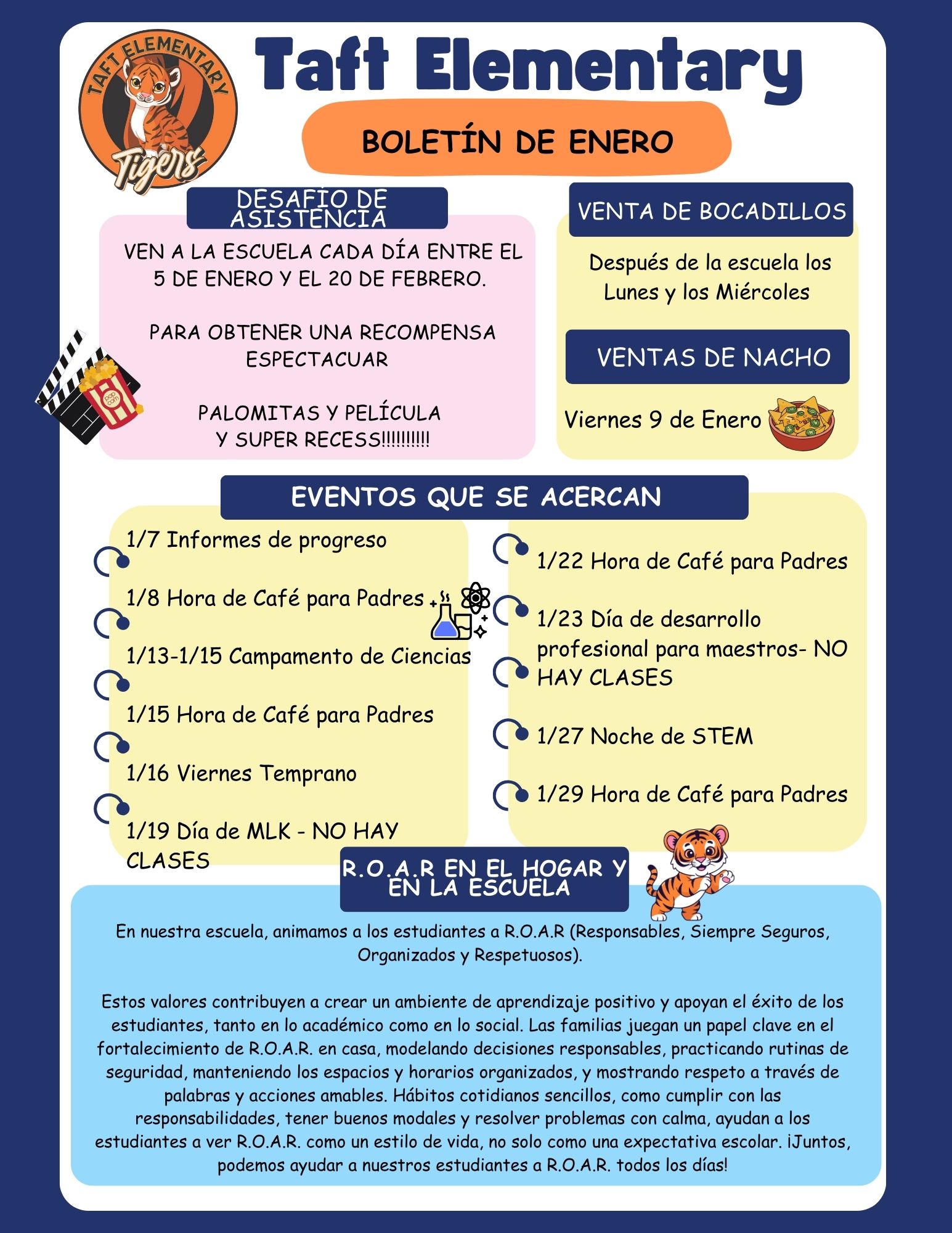 Taft Elementary January newsletter with school events, attendance challenge, and snack sales.